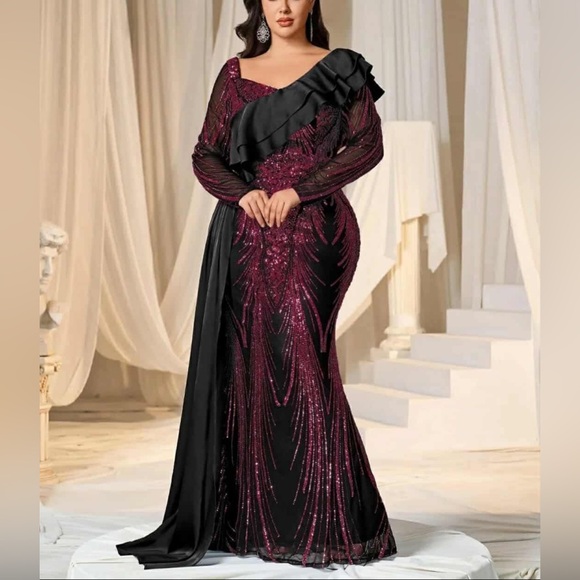Faeriesty Dresses & Skirts - Plus Size Asymmetrical Ruffle Trim Mermaid Hem Graphic Sequin Formal Dress